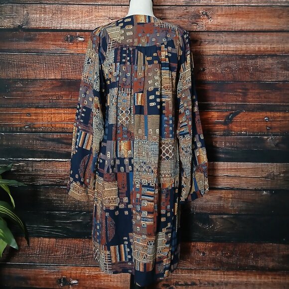 Ethyl Shift Dress S Bohemian Patchwork Print Long Sleeve Rayon Hippie Flowy - Picture 5 of 9